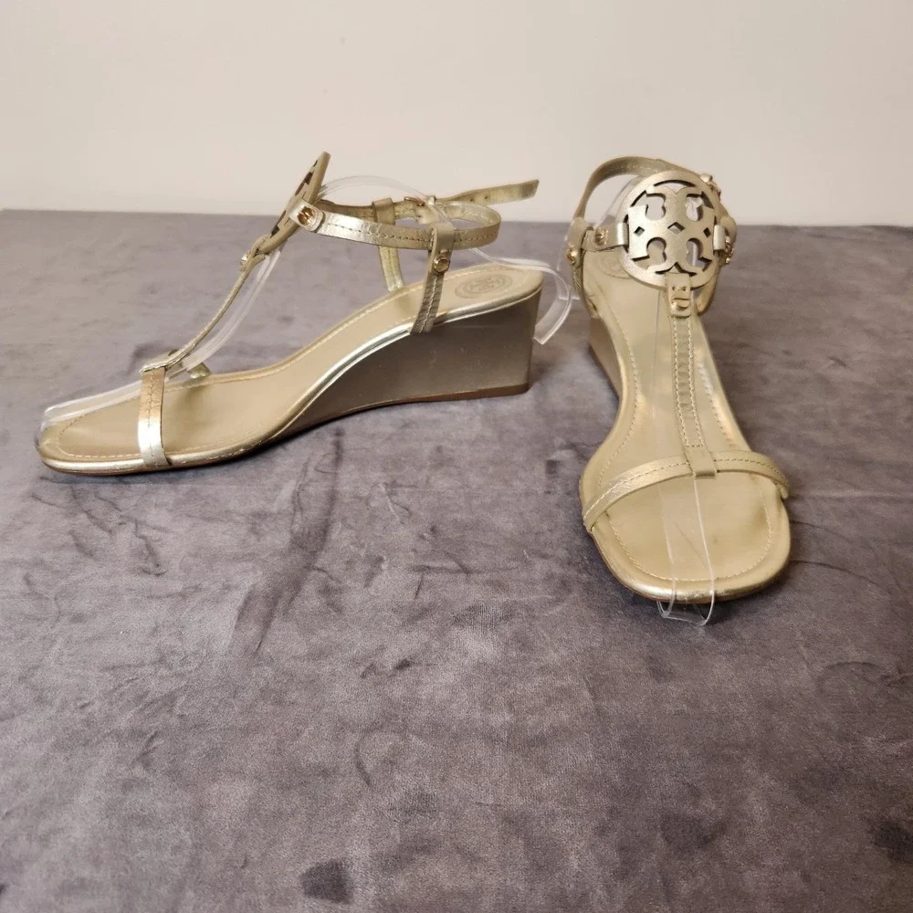 Tory Burch Gold Metallic Miller Logo T-Strap Low Wedge Sandal Leather Size 10M